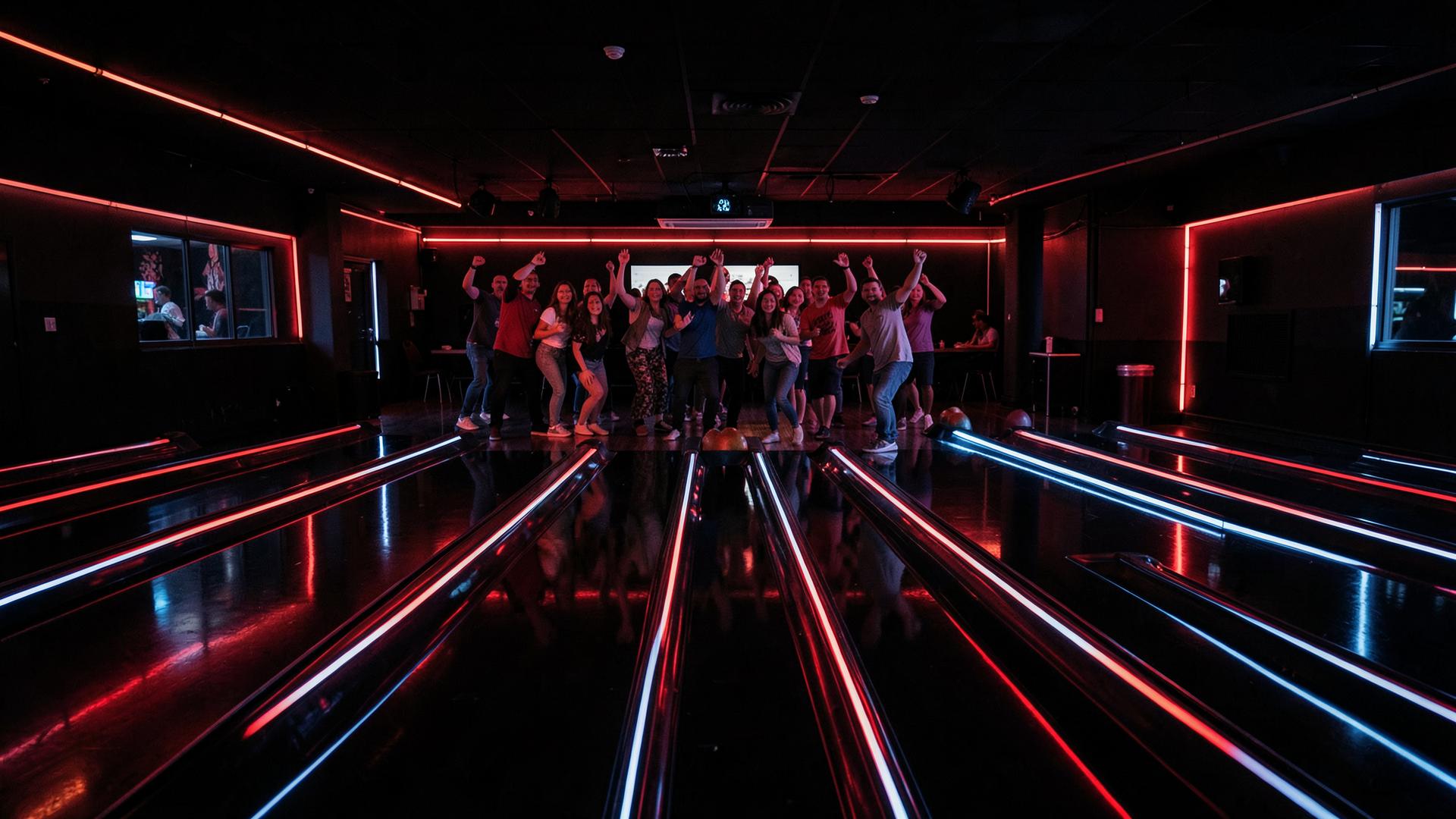 Neon-lit bowling lanes at Airobowl Keighley with a group celebrating a strike
