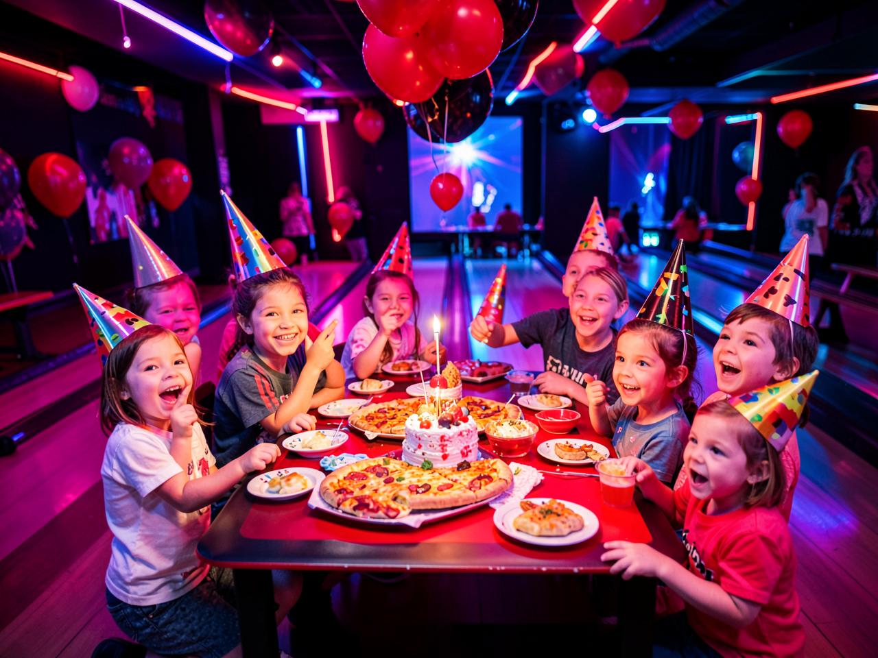 Children celebrating a birthday party beside the bowling lanes at Airobowl